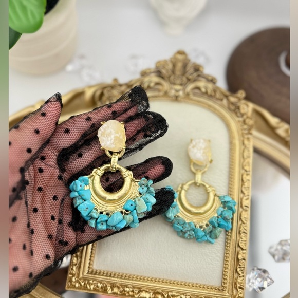 Statement Turquoise & Gold Drop Earrings | Boho Chic Bold Style - Picture 5 of 7